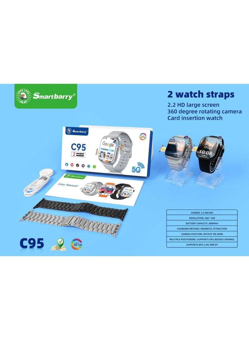 Smartbarry C95 Ultra Android Smartwatch With Sim and 6Gb Ram 64Gb Rom Rotating camera 2 set Strap - Image 1